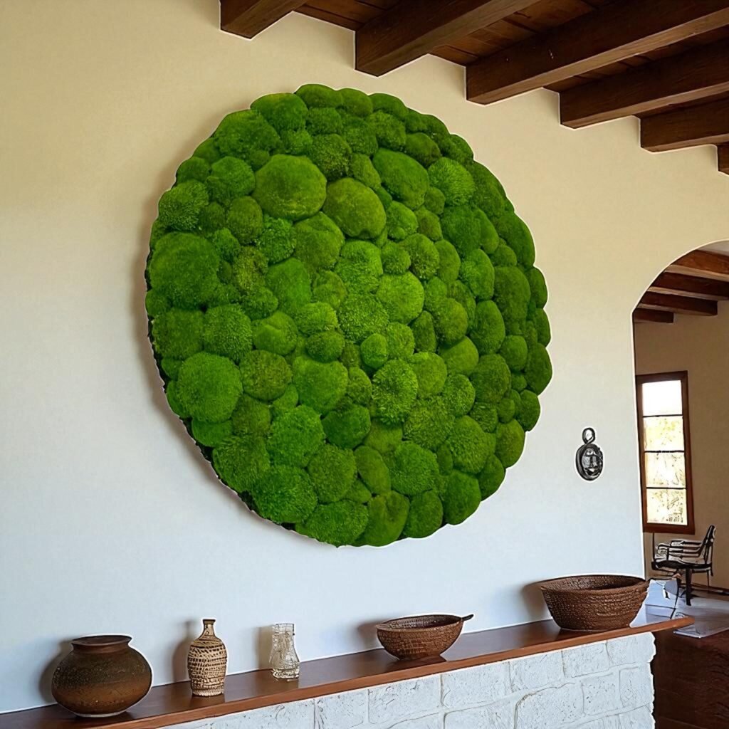 Cuadro circular de musgo bola de 120 cm de diametro con marco en madera envejecida