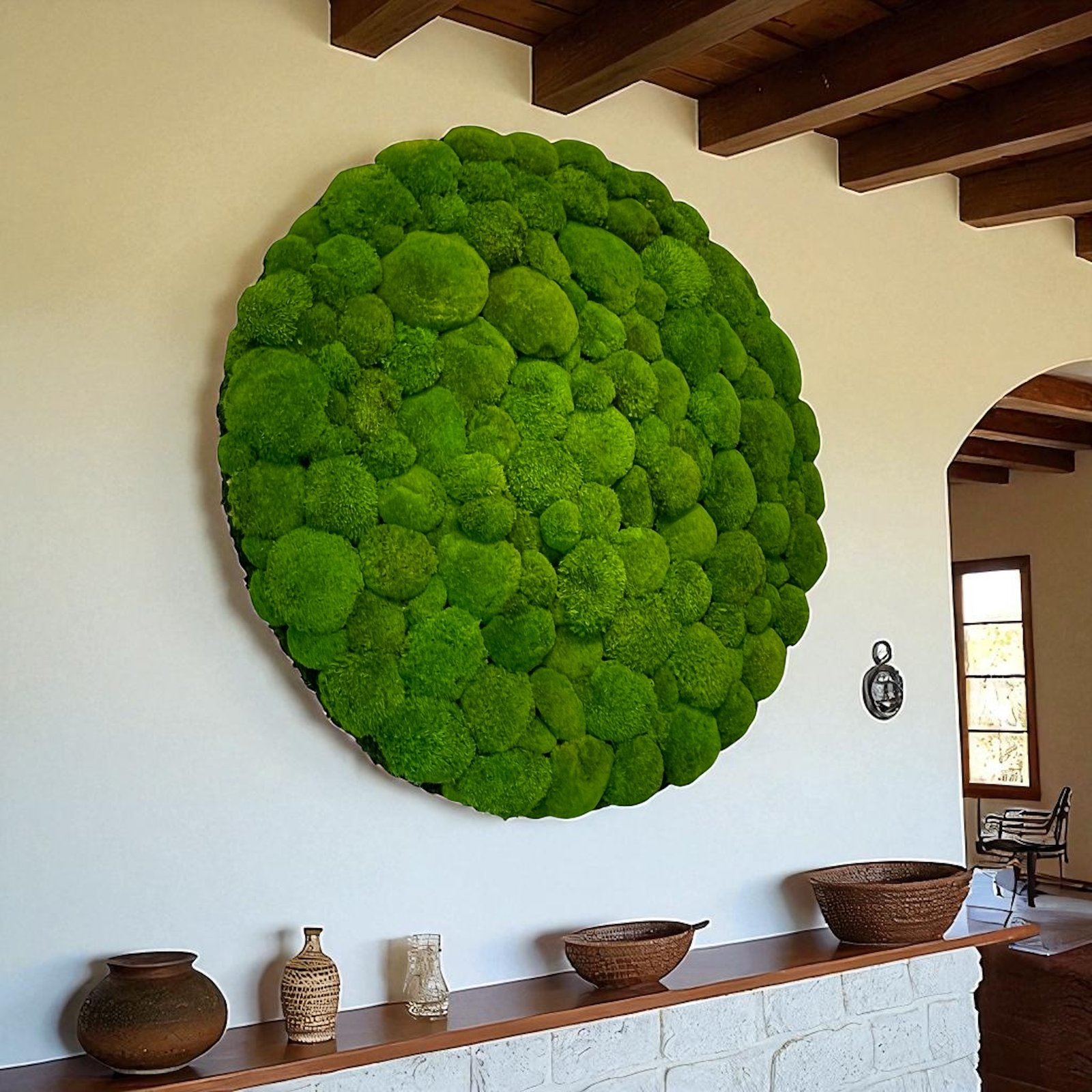 Cuadro circular de musgo bola de 120 cm de diametro con marco en madera envejecida