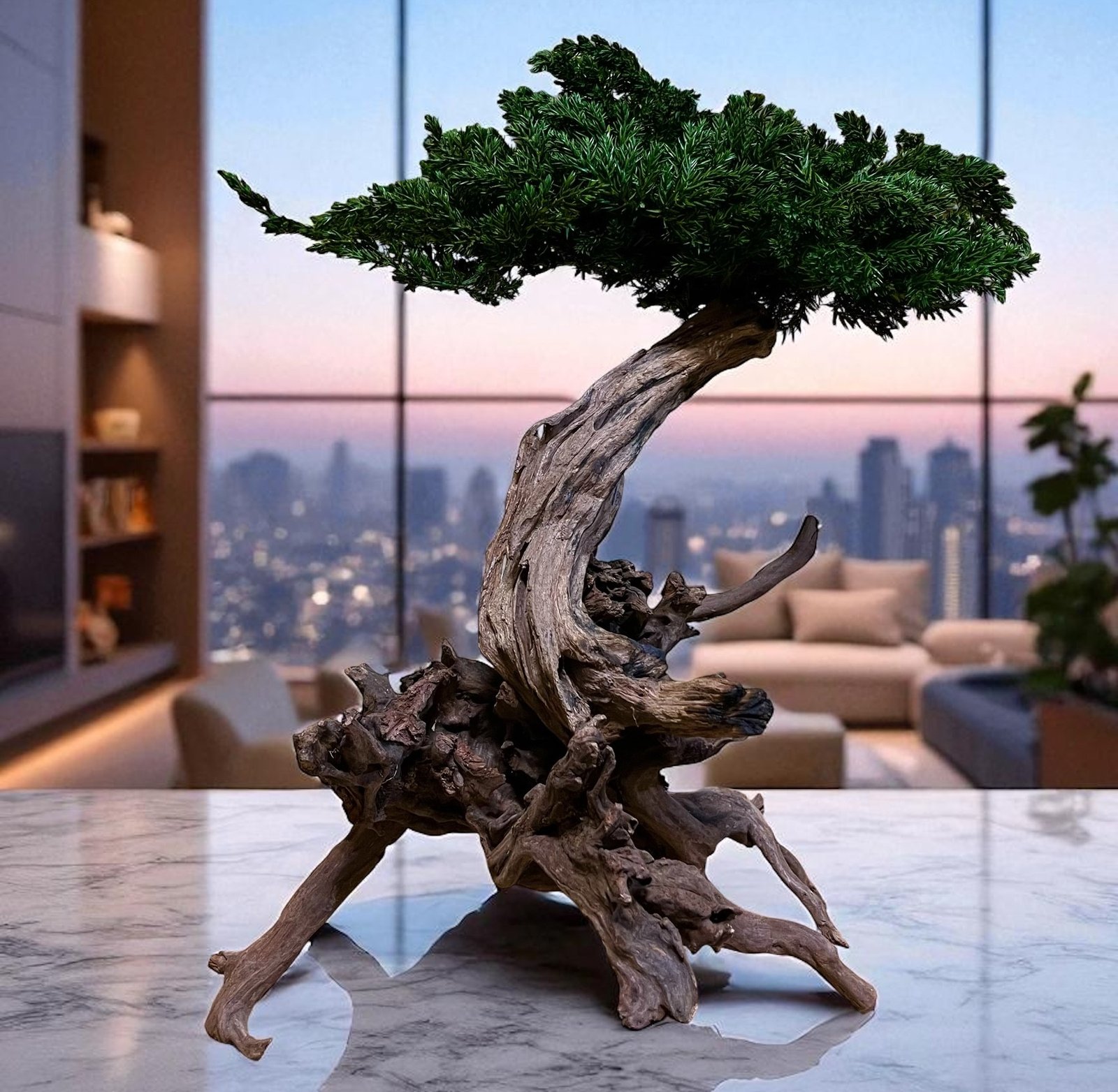 BONSAI JUNIPERUS PRESERVADO SOBRE RAIZ DE MADERA OPUWA NATURAL