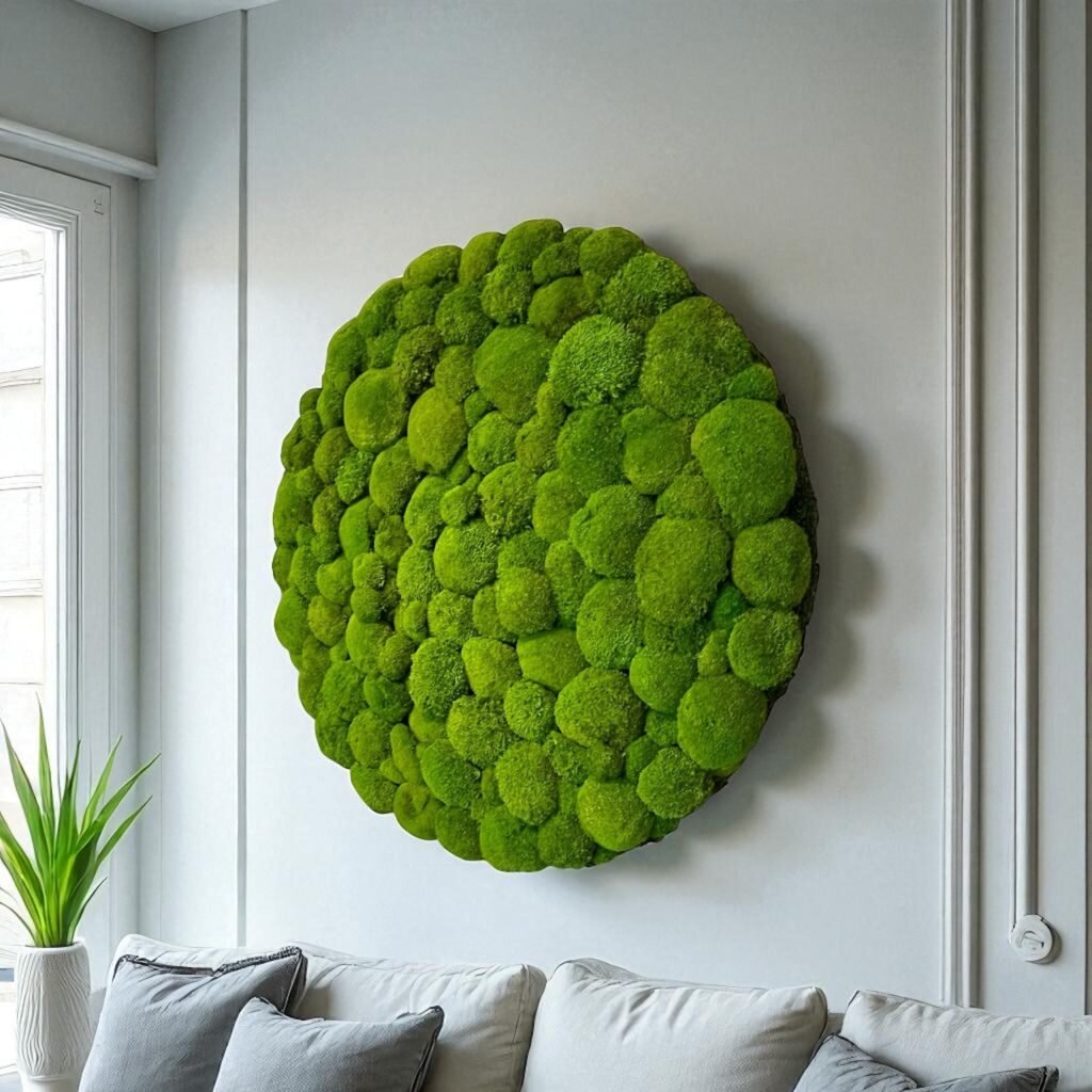 CIRCULO DE MUSGO BOLA, CUADRO CIRCULAR REALIZADO CON MUSGO BOLA EN RELIEVE Y MARCO FINO EN DIFERENTES COLORES