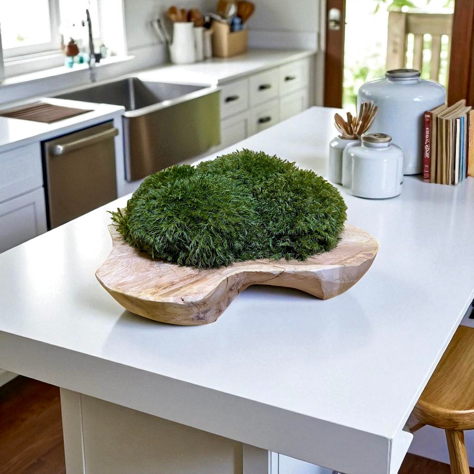 CENTRO DE MESA DE LUJO CON MUSGO MOOD MOSS Y BUENCO DE MADERA  TEKA MACIZA DE CORTE NATURAL 
