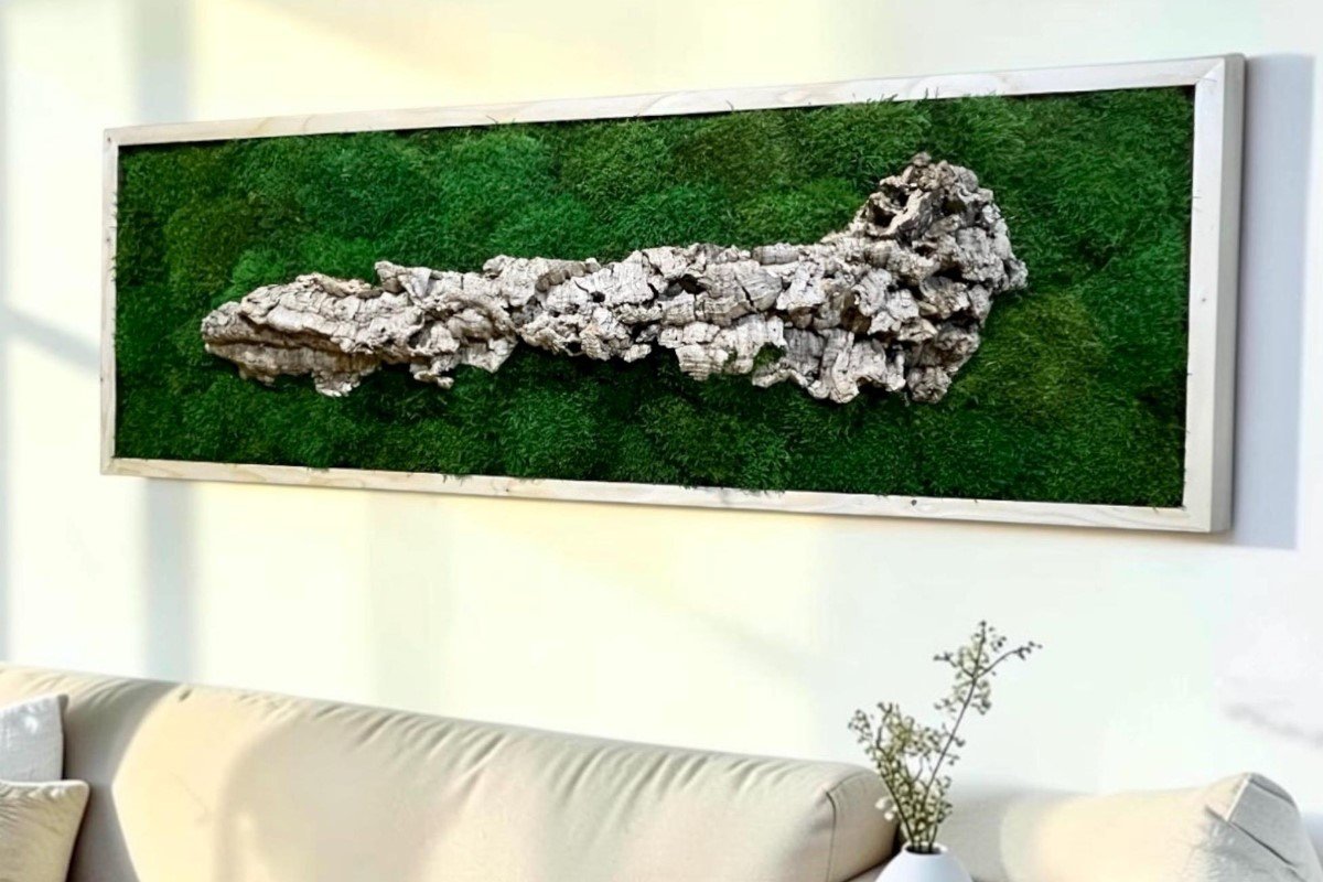 Preserved moss wall art with natural cork bark and handmade solid wood frame, displayed vertically in a modern interior.