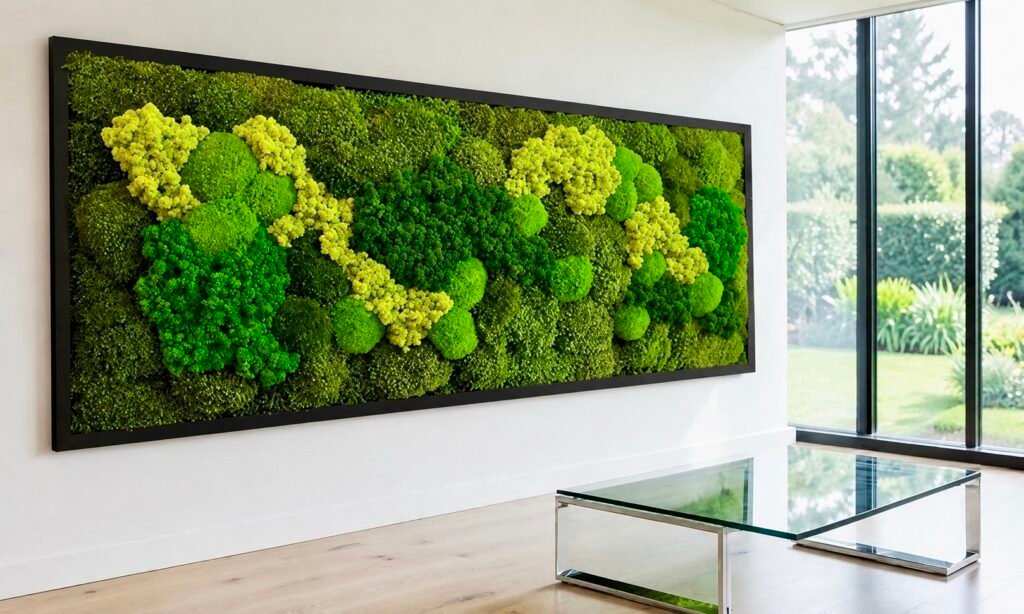 Handcrafted moss artwork with vibrant green preserved moss arranged in an organic landscape pattern inside a wooden frame.