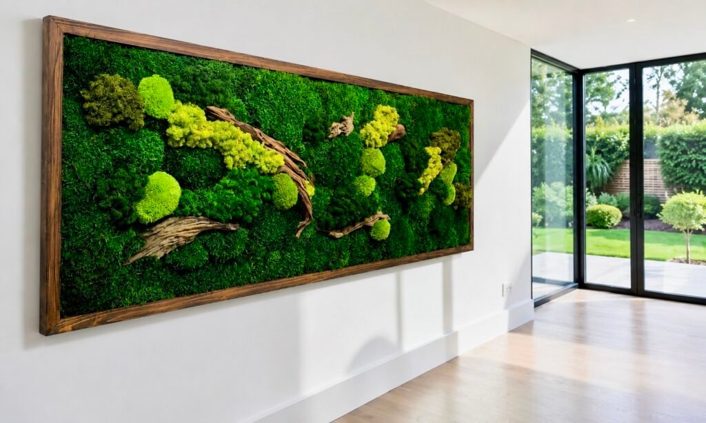 Large preserved moss wall art installation featuring three vertical botanical panels in a modern biophilic living room.