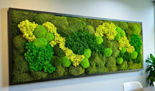 Close-up view of preserved moss artwork showing detailed textures, vibrant green tones, and handcrafted composition. Close-up view of preserved moss artwork showing detailed textures, vibrant green tones, and handcrafted composition.