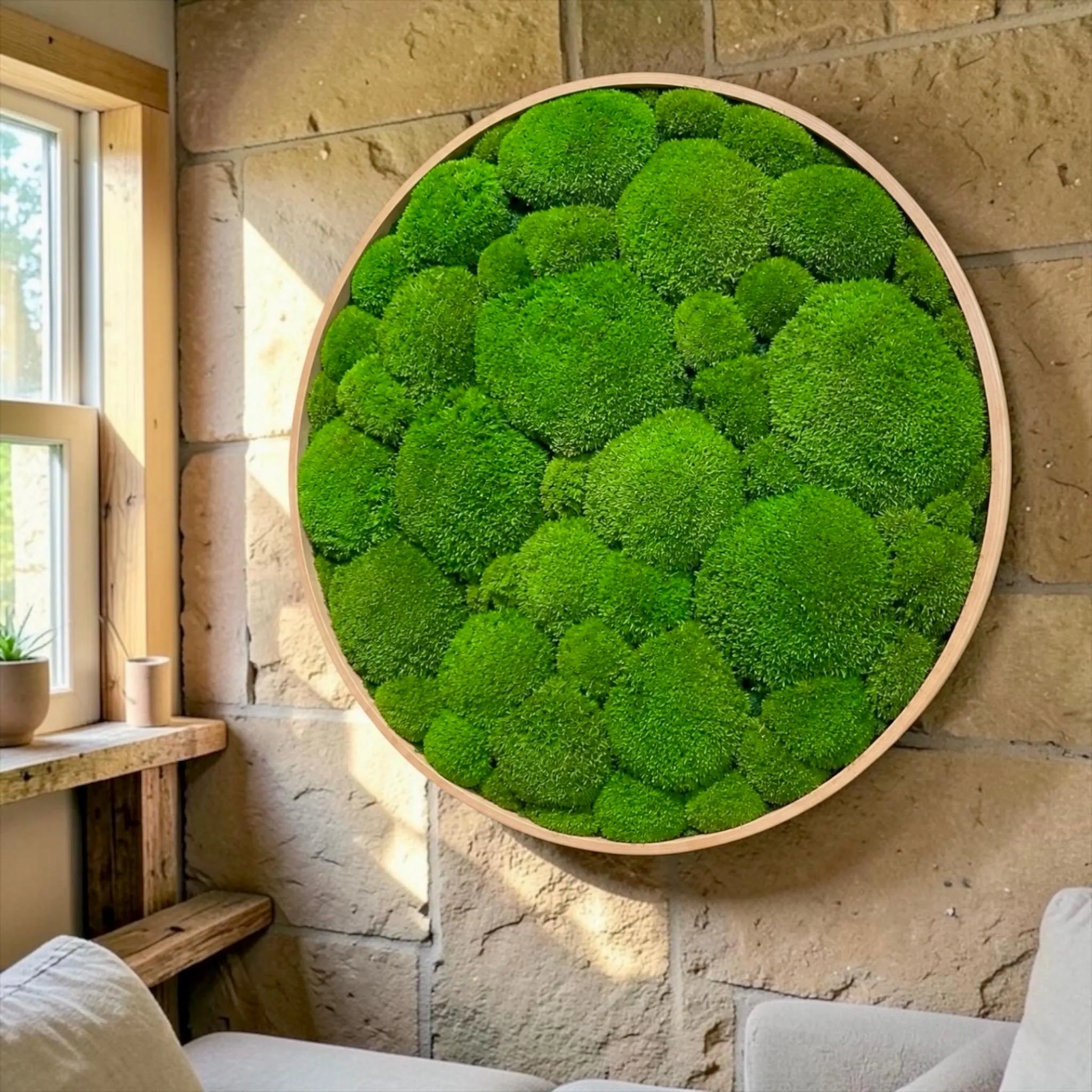 Luxury round preserved bun moss wall art handmade with natural green moss.