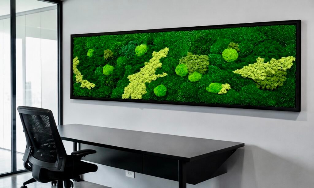 Framed preserved moss wall art featuring bright green cushion moss and rich forest moss in a modern natural design.