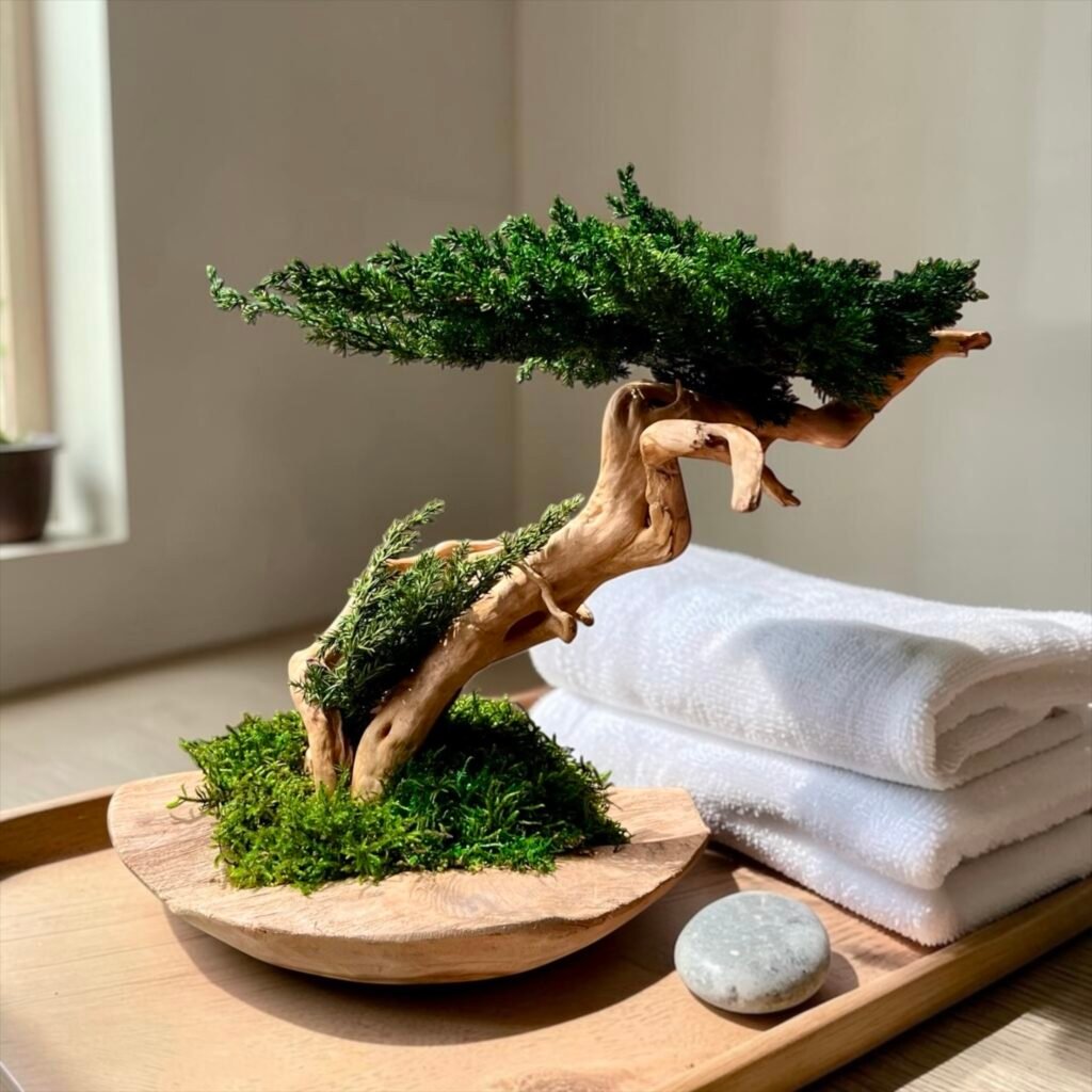 Puede incluir: Un bonsái con un dosel verde y un tronco retorcido de color marrón claro. El árbol está en un cuenco de madera en forma de media luna lleno de musgo verde. El bonsái está sobre una mesa de madera marrón oscuro.