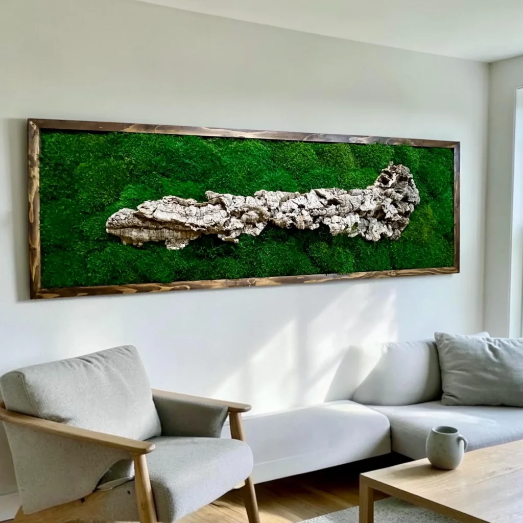 Preserved moss wall art with natural cork bark and handmade solid wood frame, displayed vertically in a modern interior. Preserved moss wall art with natural cork bark and handmade solid wood frame, displayed vertically in a modern interior.