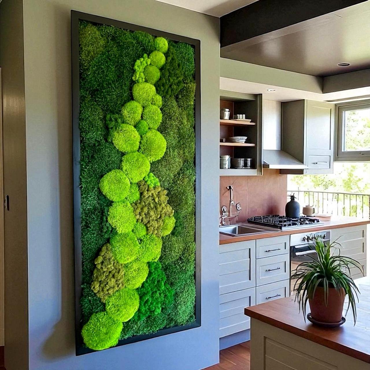 Large vertical moss wall decor made with preserved reindeer moss and bun moss for a modern biophilic interior.
